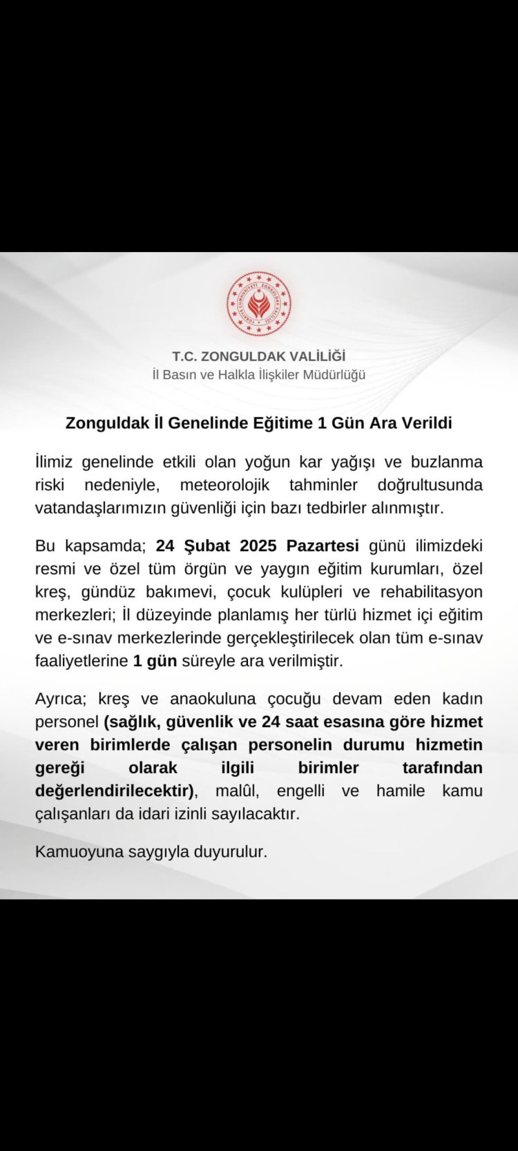 ZONGULDAK VALİLİĞİNDEN DUYURULUR !